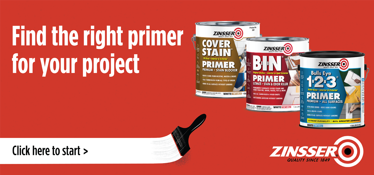 Zinsser paint primer ad showing three primer cans against a red background. 