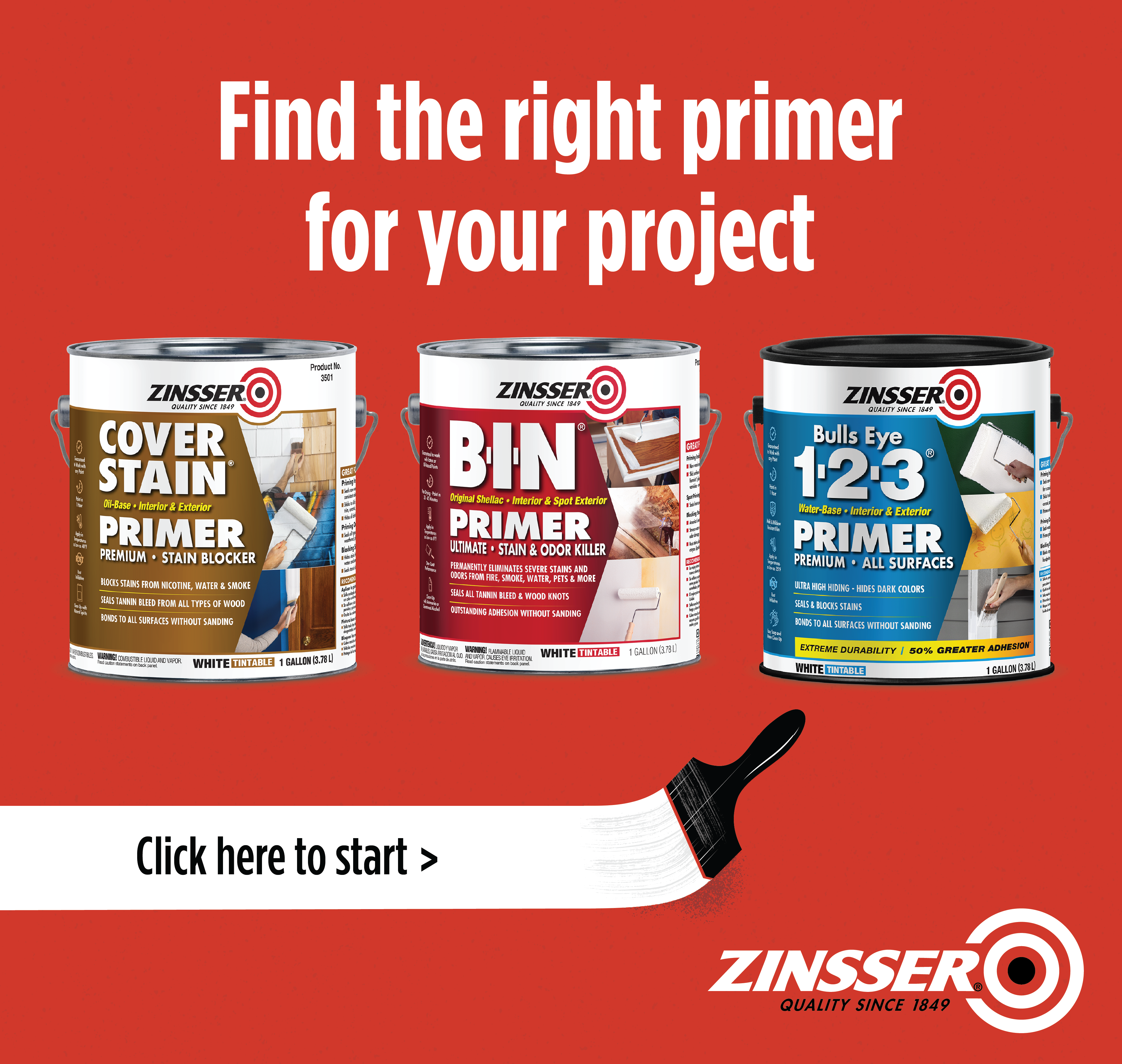 Zinsser paint primer ad showing three primer cans against a red background. 